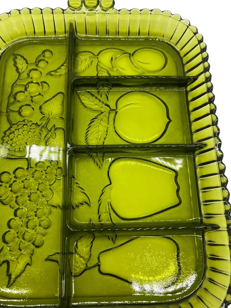 Indiana Glass‎ Co. 5 Part Relish Tray Fruit Pattern Green 12